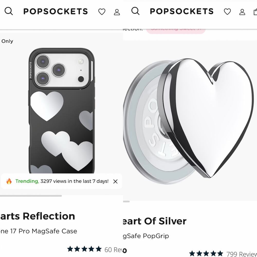 Popsockets iPhone 17 pro hearts reflection case and silver heart pop grip